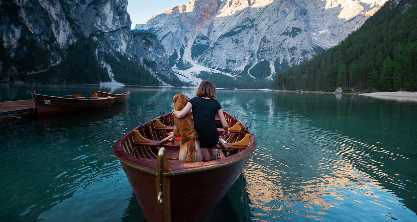 Dog with owner in boat